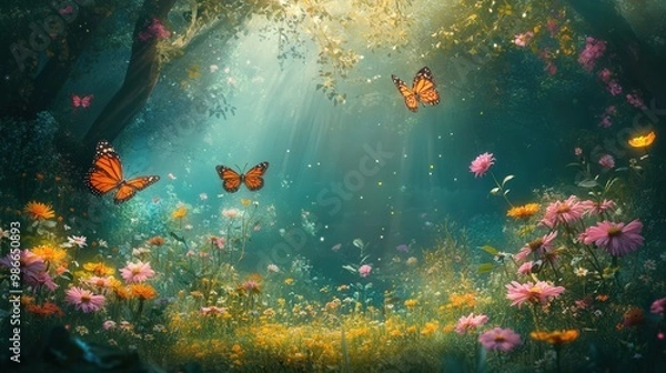 Fototapeta A field of flowers with butterflies flying around