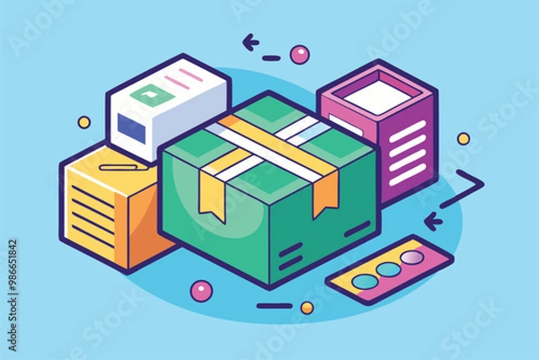 Obraz Colorful boxes representing cod package transactions are displayed together on a light blue backdrop, COD package transactions, simple illustration