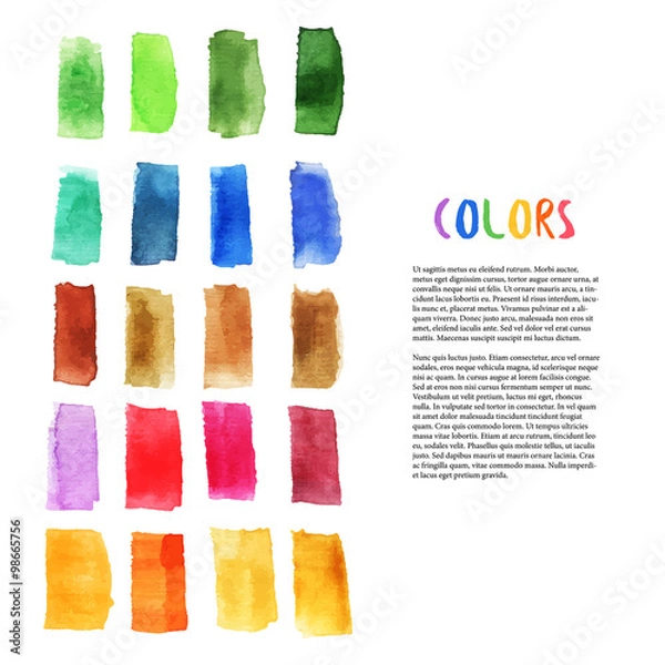Obraz Colorful watercolor design elements with brush stroke elements. Palette art. Art studio decoration. Vector