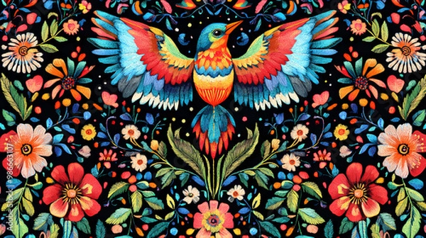 Fototapeta Traditional mexican embroidery with wondrous textile featuring symmetric intricate patterns of seamless colorful birds and flowers as decorative artwork by generative ai. Embroidery. Illustration
