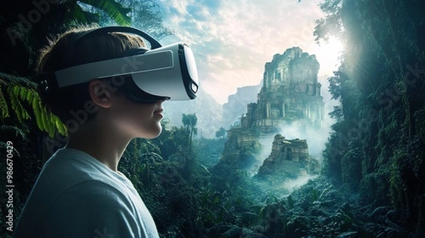 Fototapeta A VR headset wearer immersed in a thrilling digital adventure, exploring a virtual landscape of mountains, forests, and ancient ruins.