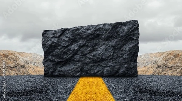 Obraz A road with a large barrier in the middle preventing further progress The background shows a vast landscape symbolizing blocked opportunities obstacles in life or business and challenges that must be