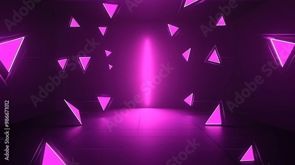 Obraz A dark room with a bright pink neon light in the center and pink triangular shapes scattered throughout the room.
