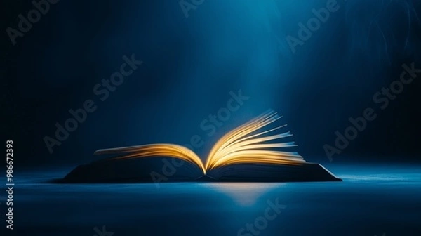 Fototapeta open book with glowing lights, magic fantasy book on blue background