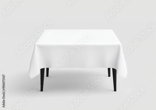 Fototapeta Minimalist square table with a white tablecloth on a light background. Perfect for dining room mockups, event setups, and restaurant presentations. Table setting concept, dining decor