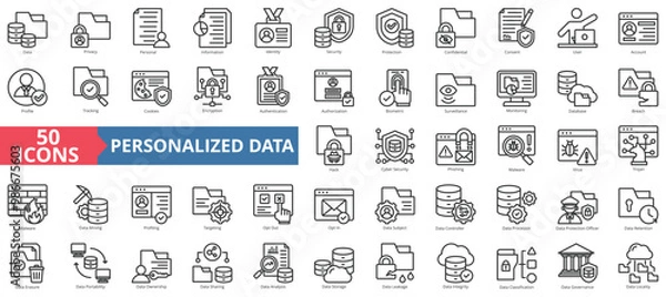 Obraz Personalized data icon collection set. Containing privacy, personal, information, identity, security, protection, confidential icon. Simple line vector illustration.