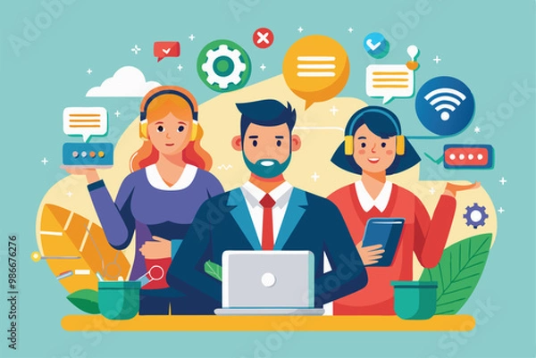 Fototapeta A team of professionals collaborates to deliver tailored business support solutions to clients, Customizable business support with disproportionate illustration.