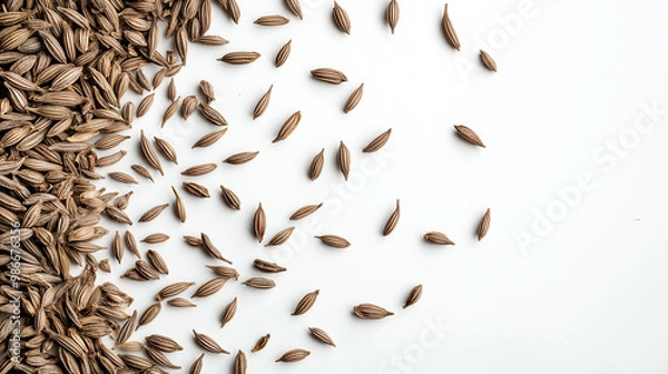 Fototapeta cumin seeds: a loose frame made from dried cumin seeds, scattered gently over a soft white background, the warm, earthy tones of the seeds create a subtle, natural texture