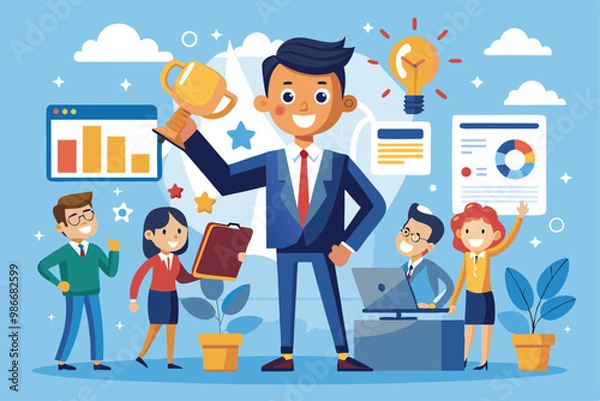 Obraz A team enthusiastically celebrates victory, showcasing teamwork in a colorful office environment, Customizable cartoon illustration for competitive intelligence.