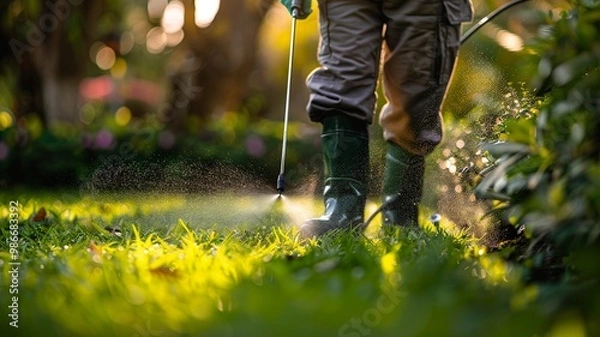 Fototapeta A detailed close-up shot of a worker actively spraying pesticide on an outdoor green lawn, focusing on the droplets and their impact on the grass.