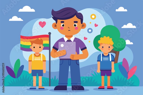 Fototapeta Two boys stand next to a rainbow flag, promoting acceptance and diversity in a vibrant, colorful setting, Customizable cartoon illustration for homophobic bullying.