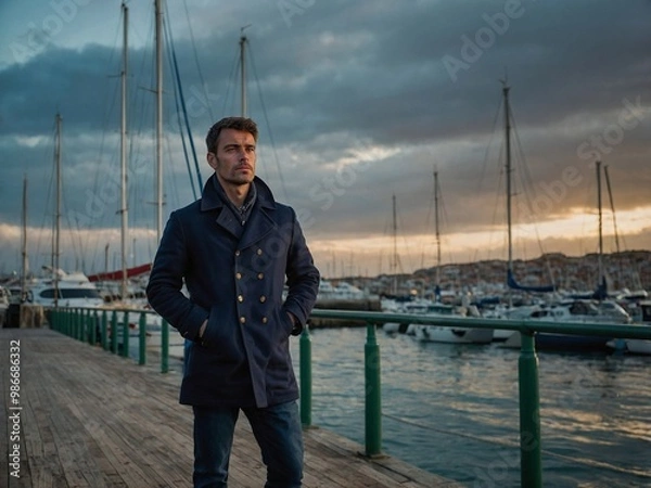 Obraz Man in his thirties enjoying a sunset view by the marina with boats and calm waters in the background.