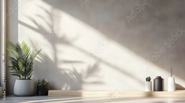Fototapeta A sleek, modern office with sunlight streaming in, featuring a blank light grey wall and elegant modern items, set in a realistic background