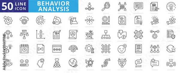 Obraz Behavior analysis icon set with experiment, observation, reinforcement, punishment, stimulus, response, conditioning, learning, baseline and motivation.