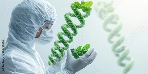 Fototapeta Scientist analyzing a food DNA sample in a laboratory, genetic modification, food science and nutrition, , copy space for text  , focus cover all object   ,  deep dept of field