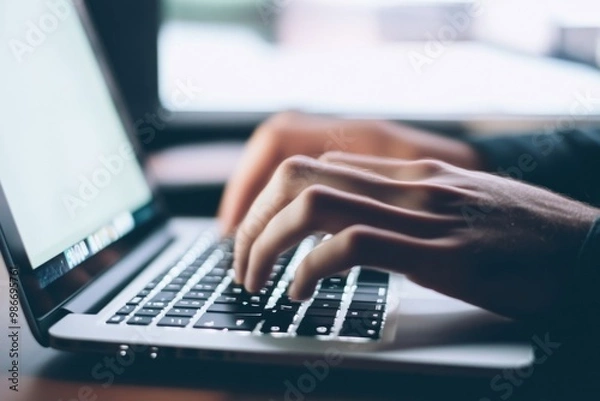 Fototapeta Focused individual typing on a laptop, representing detailed work in business technology or online writing, with one hand on the keyboard and the other hovering above it.