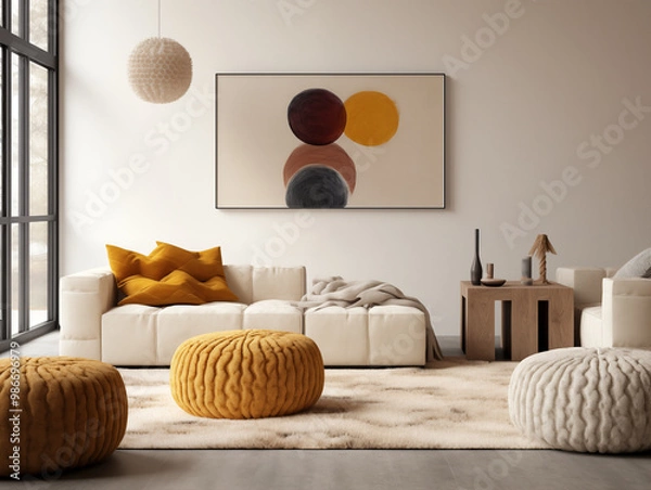 Fototapeta Modern interior design of scandinavian living room with chunky knit textured pouffs in autumn and neutral colors
