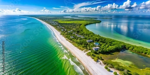 Fototapeta Over Sanibel Island, the coastline unfurls in tranquil beauty, showcasing emerald-green beaches and verdant dunes,