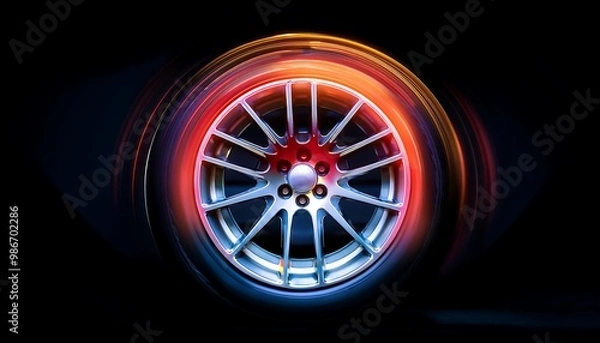 Obraz A close-up of a silver car wheel with red and orange light trails around it.