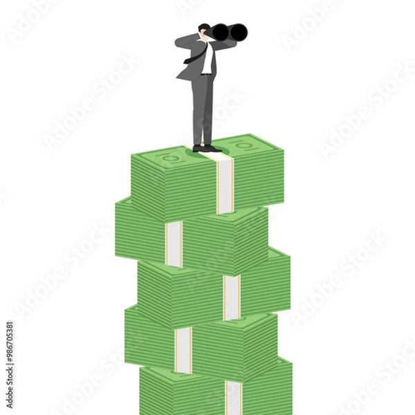 Fototapeta A businessman using binoculars on a stack of banknotes, the essence of vision and investment in finance. The importance of leadership and strategic planning for economic growth and wealth creation