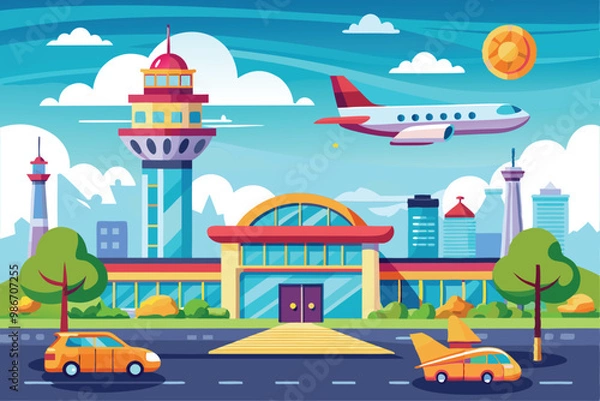 Obraz The colorful airport features aircraft in the sky, cars on the road, and a lively city backdrop, Customizable cartoon illustration of an airport.