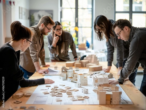 Obraz Collaborative team reviewing new product design prototype with models