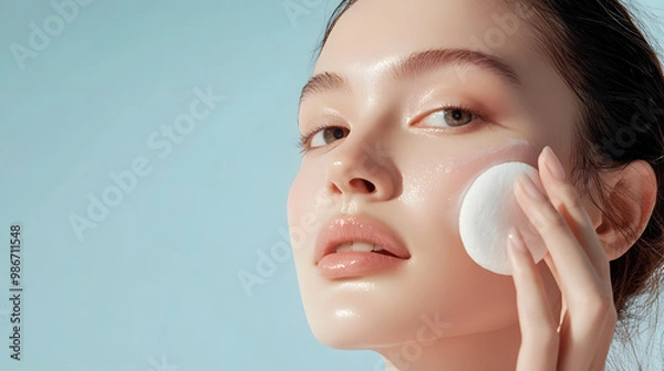 Fototapeta woman with sensitive skin using a soft cotton pad to gently remove makeup