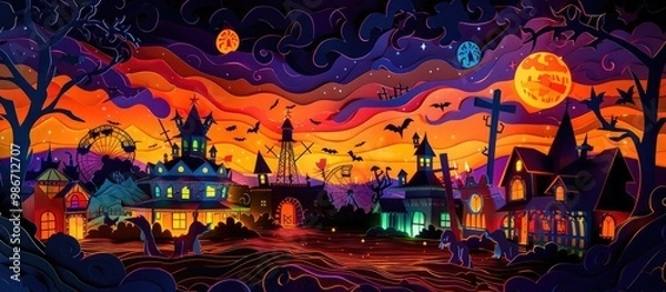 Fototapeta Vibrant and Mystic Carnival Landscape with Colorful Fantasy Architecture Amusement Park and Whimsical Elements under a Starry Night Sky  This surreal