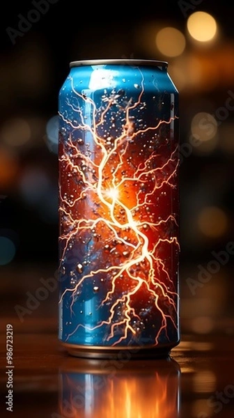Fototapeta A vibrant energy drink can featuring lightning patterns, emphasizing its dynamic branding.