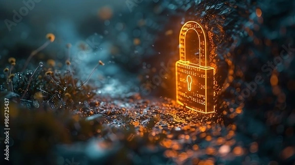 Obraz A glowing digital padlock amidst a misty landscape, symbolizing security and protection.