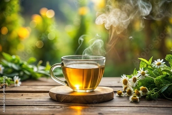 Fototapeta Fresh herbal tea being poured into a cup