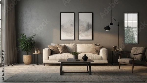 Fototapeta Neutral-colored living room with large sofa and minimalist design in contemporary setting