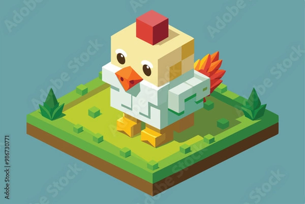 Fototapeta A charming chicken with bright colors and geometric design stands on a grassy patch, inviting creativity, Customizable cute chicken illustration in isometric style.