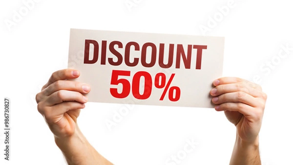 Fototapeta Hand holding discount card, 3D web icon, success concept, business communication symbol