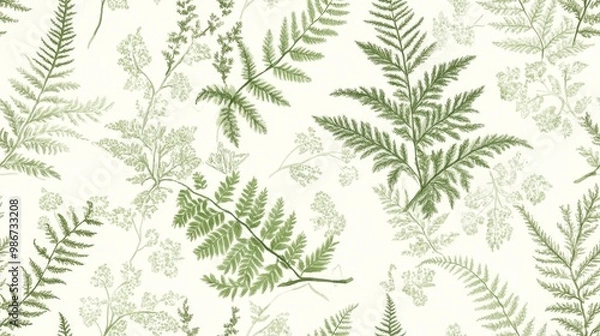 Fototapeta A seamless pattern of soft green fern leaves on a neutral off-white background and soft floral tones