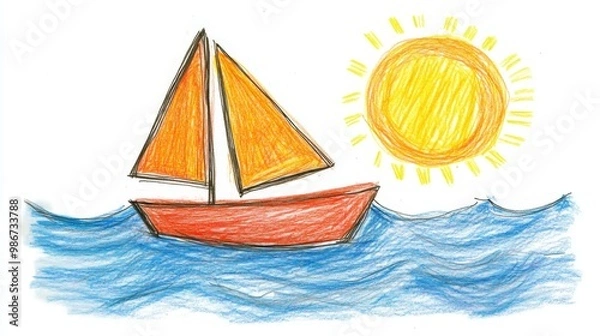 Obraz A cute hand-drawn drawing by a child of a small boat floating on blue waves at sunset.