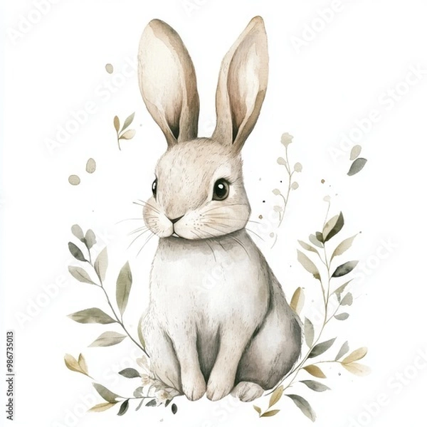 Obraz Illustration of a bunny in neutral colors on a white background with minimalist leaves in watercolor style
