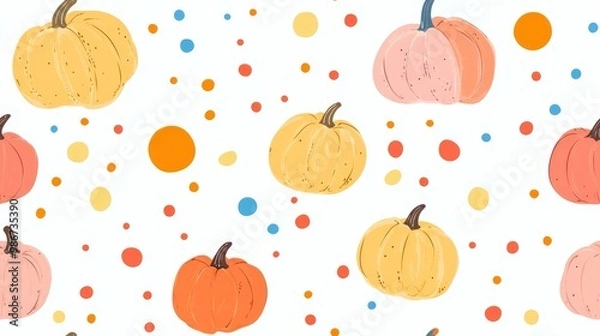 Fototapeta Seamless pattern background of pumpkins and colorful circles in a minimalist pastel color style