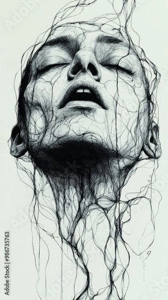 Obraz A hand-drawn drawing depicting a terrifying man in black line style, drawing on a distorted face of messy lines
