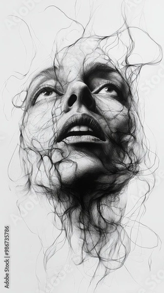 Obraz A hand-drawn drawing depicting a terrifying man in black line style, drawing on a distorted face of messy lines