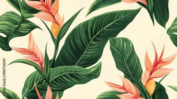 Fototapeta Seamless pattern background of heliconia plants in a minimalist style