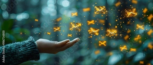 Obraz A hand reaching out with glowing envelope icons, symbolizing digital communication.