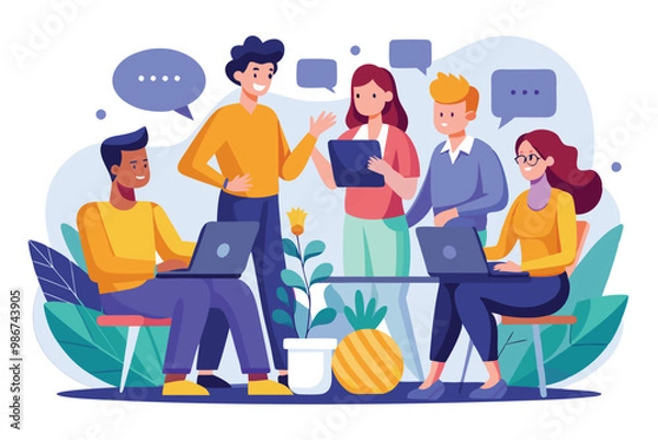 Fototapeta A group of diverse individuals engages in an animated discussion while using laptops and tablets, Customizable flat illustration for group discussions.