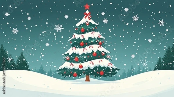 Fototapeta Christmas tree with candy canes and snowflakes, flat design illustration