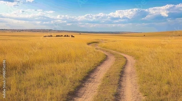 Obraz Dusty jeep trail winding through the golden savannah, a pride of lions in the distance, wildlife exploration, safari discovery
