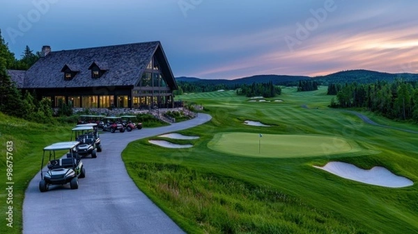 Obraz Scenic golf course at dusk featuring lush greens, golf carts, and a charming clubhouse awaiting players for an evening round.
