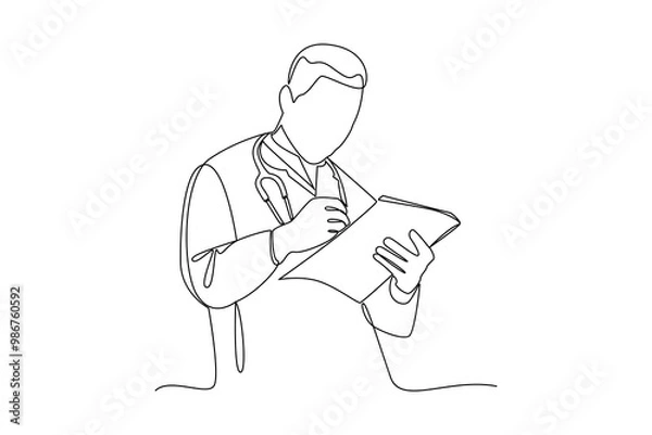 Obraz Continuous line drawing of a doctor reading a medical report with a stethoscope around his neck
