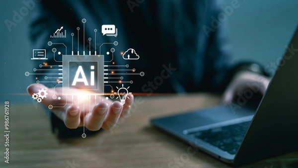 Obraz Technology and people concept man use AI to help work, AI Learning and Artificial Intelligence Concept. Business, modern technology, internet and networking concept. AI technology in everyday life.