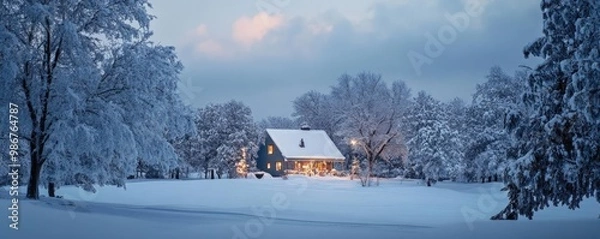 Fototapeta A serene winter landscape showcasing a cozy house surrounded by snow-covered trees under a calm, cloudy sky.