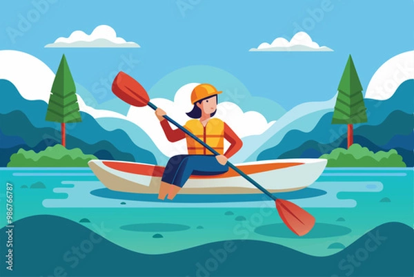 Fototapeta A person paddles a kayak on a tranquil lake with mountains and trees in the background, Customizable flat illustration of kayaking
